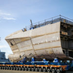 Two mega-blocks weighing 1,000 tonnes in total have been joined, forming the complete hull of the first Arafura offshore patrol vessel, in the “largest industrial manoeuvre” at South Australia’s Osborne Naval Shipyard.