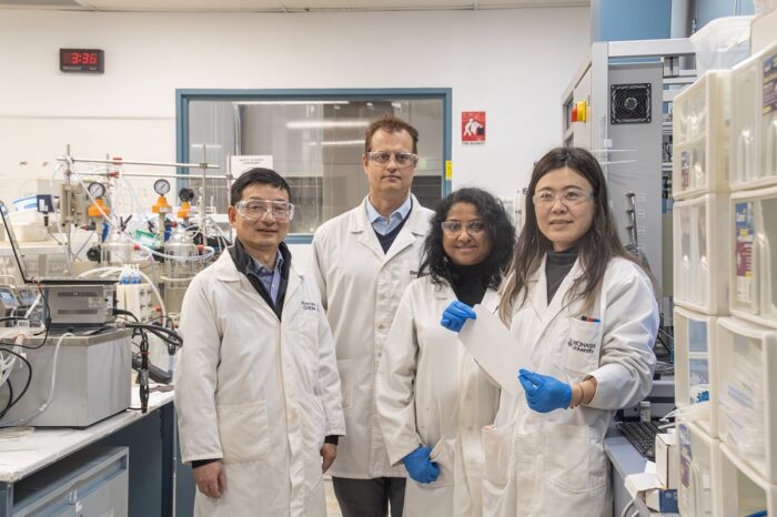 L-R Prof Huanting Wang, Dr SJ Oosthuizen, Rachel Mathews, Dr Emily Wang with LIthium filtering membrane