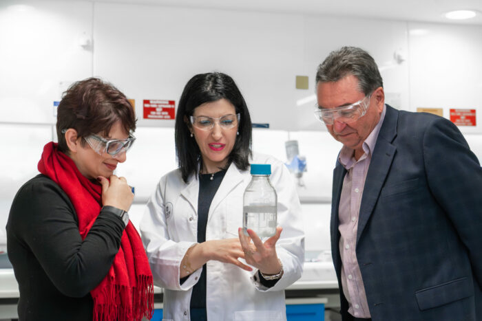 Associate Professor Maryam Naebe (centre) with Shervin Ranjbar and David Tester from Simba Global.