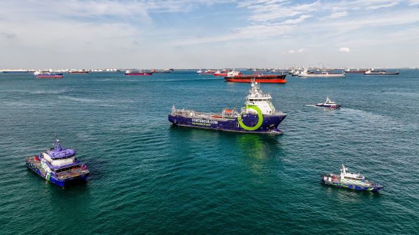 Image – Fortescue Green Pioneer with Maritime and Port Authority of Singapore and Police Coast Guard Craft in the Port of Singapore