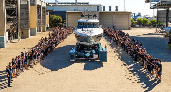 The Riviera team celebrate the launch of their 6,000th motor yacht