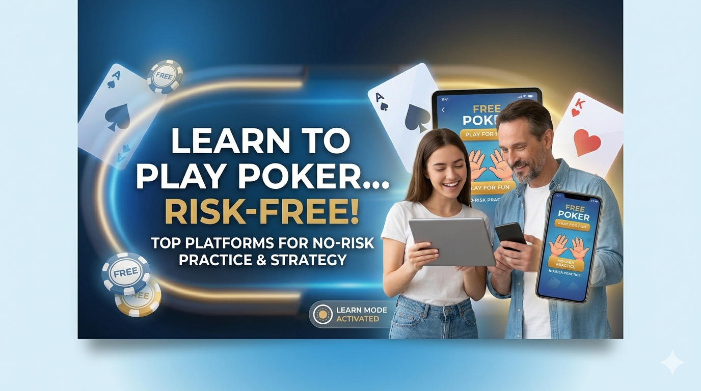 How to Play Poker Online Free A man and woman using a smartphone and a tablet to view apps for free online poker games. The blue digital background includes floating poker chips and cards, and supports the main banner text, which states, 'Learn to Play Poker... Risk-Free!' with options for no-risk practice and strategy.