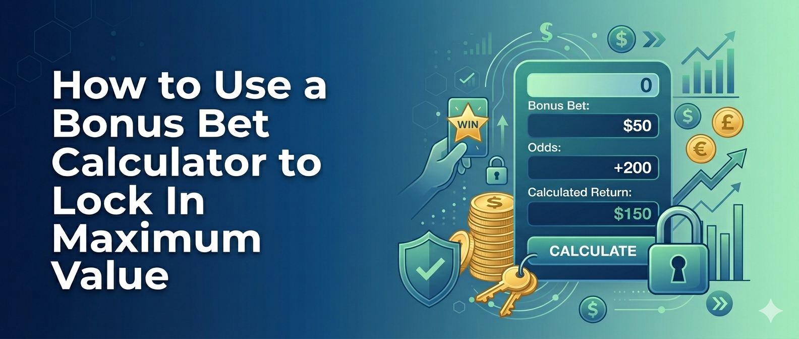 How to Use a Bonus Bet Calculator to Lock In Maximum Value A blog hero image titled 'How to Use a Bonus Bet Calculator to Lock In Maximum Value,' featuring a stylized graphic of a betting calculator and financial symbols on a blue and green digital background.